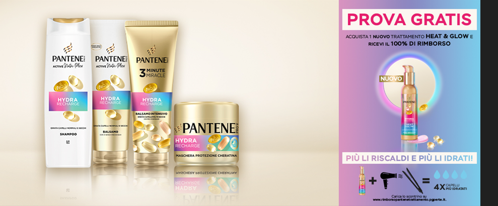 Cashback Pantene 2025: rimborso 100% fino a 12€ Hydra Recharge
