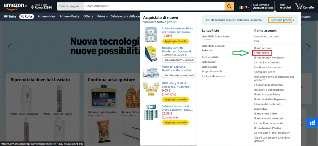 Seleziona ordine Amazon fattura da scaricare sezione resi ordini