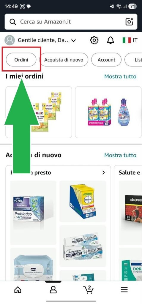 Menu profilo app Amazon smartphone sezione resi ordini accesso mobile