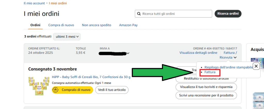 Visualizza e scarica fattura Amazon PDF numero documento ricevuta