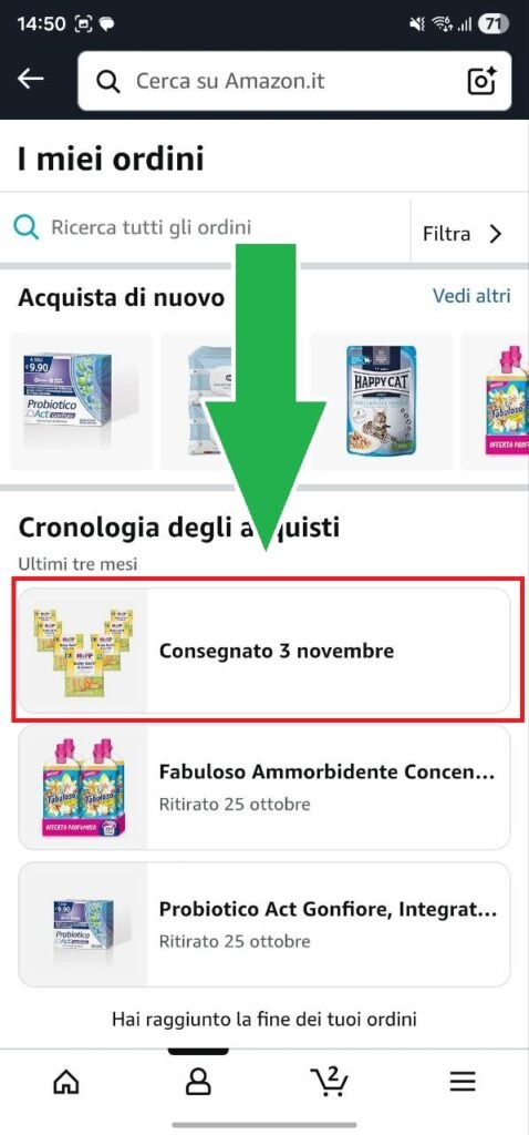 Dettagli ordine app Amazon smartphone fattura ricevuta download mobile
