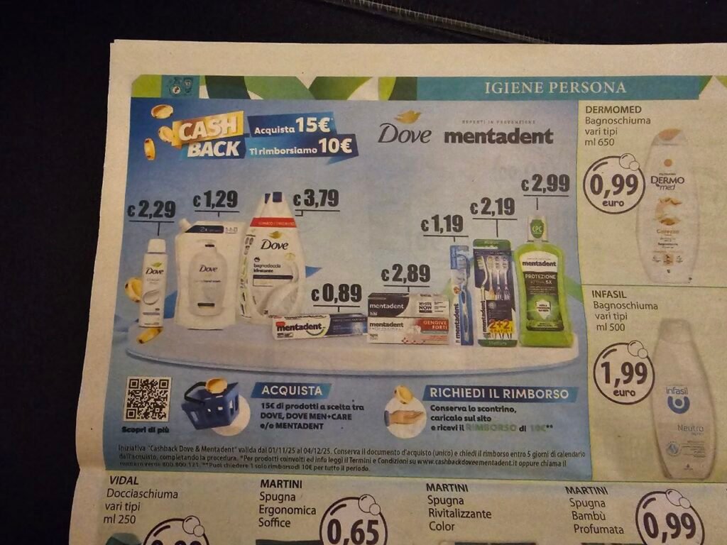 Nuovo cashback dove e mentadent 10€ Acqua e sapone