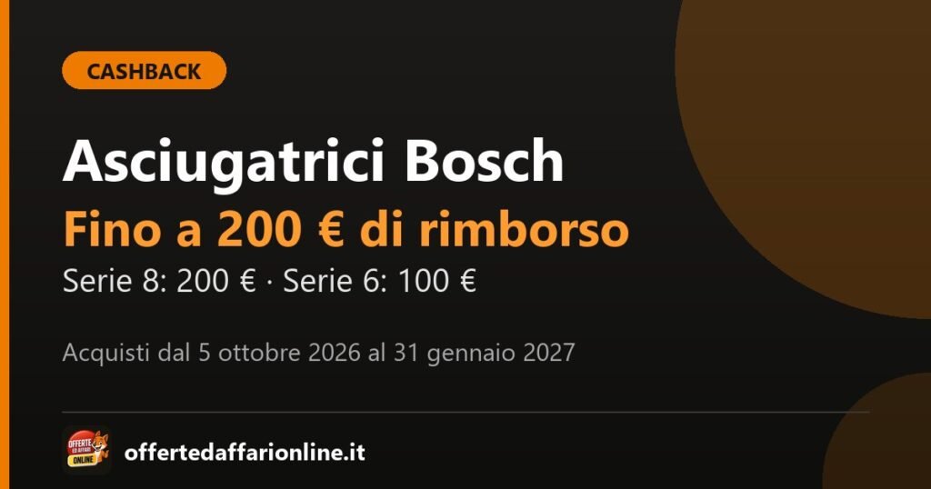 Cashback asciugatrici Bosch: fino a 200 euro di rimborso sulle Serie 6 e Serie 8