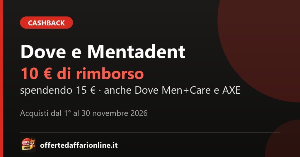 Cashback Dove e Mentadent 2026: 10 euro di rimborso spendendo 15 euro, acquisti dal 1 al 30 novembre 2026