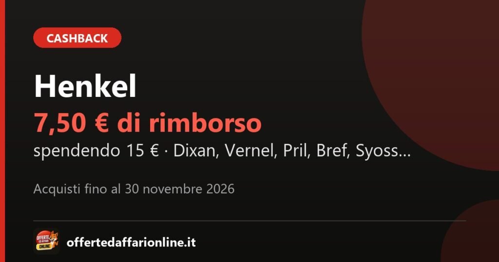 Cashback Henkel 2026: 7,50 euro di rimborso spendendo 15 euro, acquisti dal 1 ottobre al 30 novembre 2026
