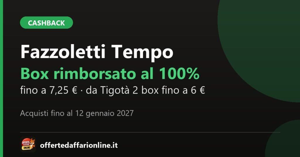 Cashback Tempo 2026: box di fazzoletti rimborsato al 100% fino a 7,25 euro, acquisti fino al 12 gennaio 2027