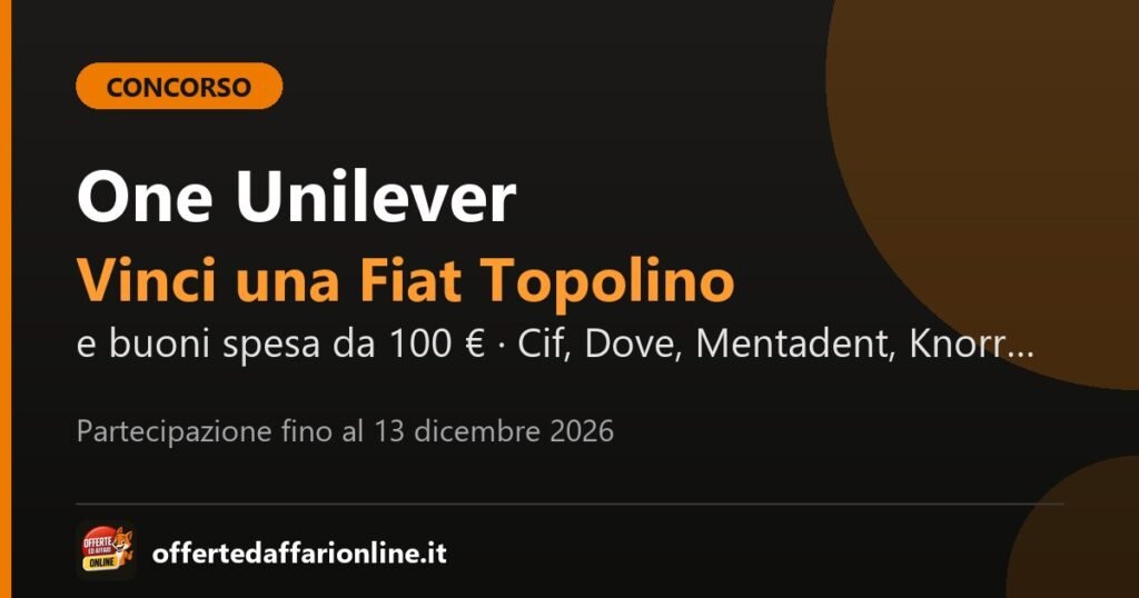 Concorso One Unilever 2026: vinci buoni spesa da 100 euro e una Fiat Topolino, partecipazione fino al 13 dicembre 2026