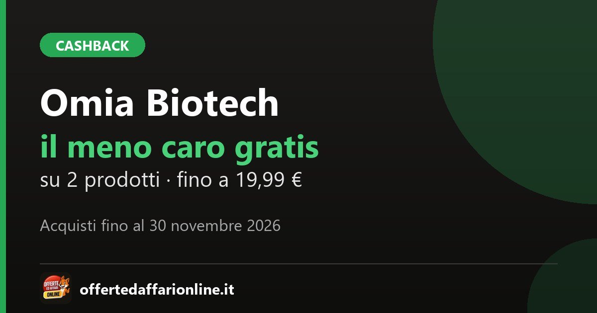 Prova Omia Biotech 2026: il prodotto meno caro rimborsato fino a 19,99 euro, acquisti fino al 30 novembre 2026